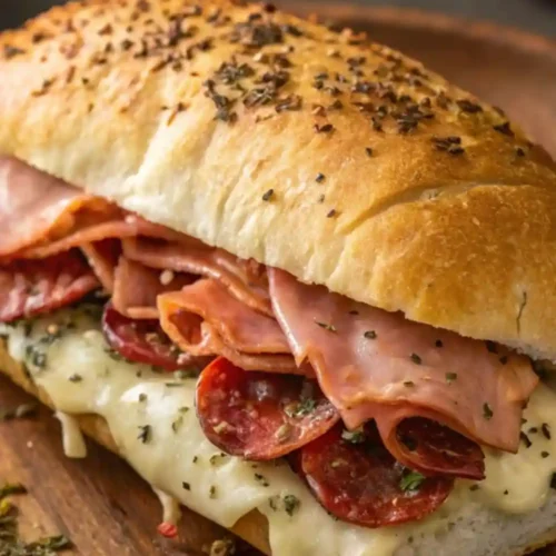 Baked Italian grinder sandwich filled with salami, ham, prosciutto, melted mozzarella cheese, and herbs on toasted bread