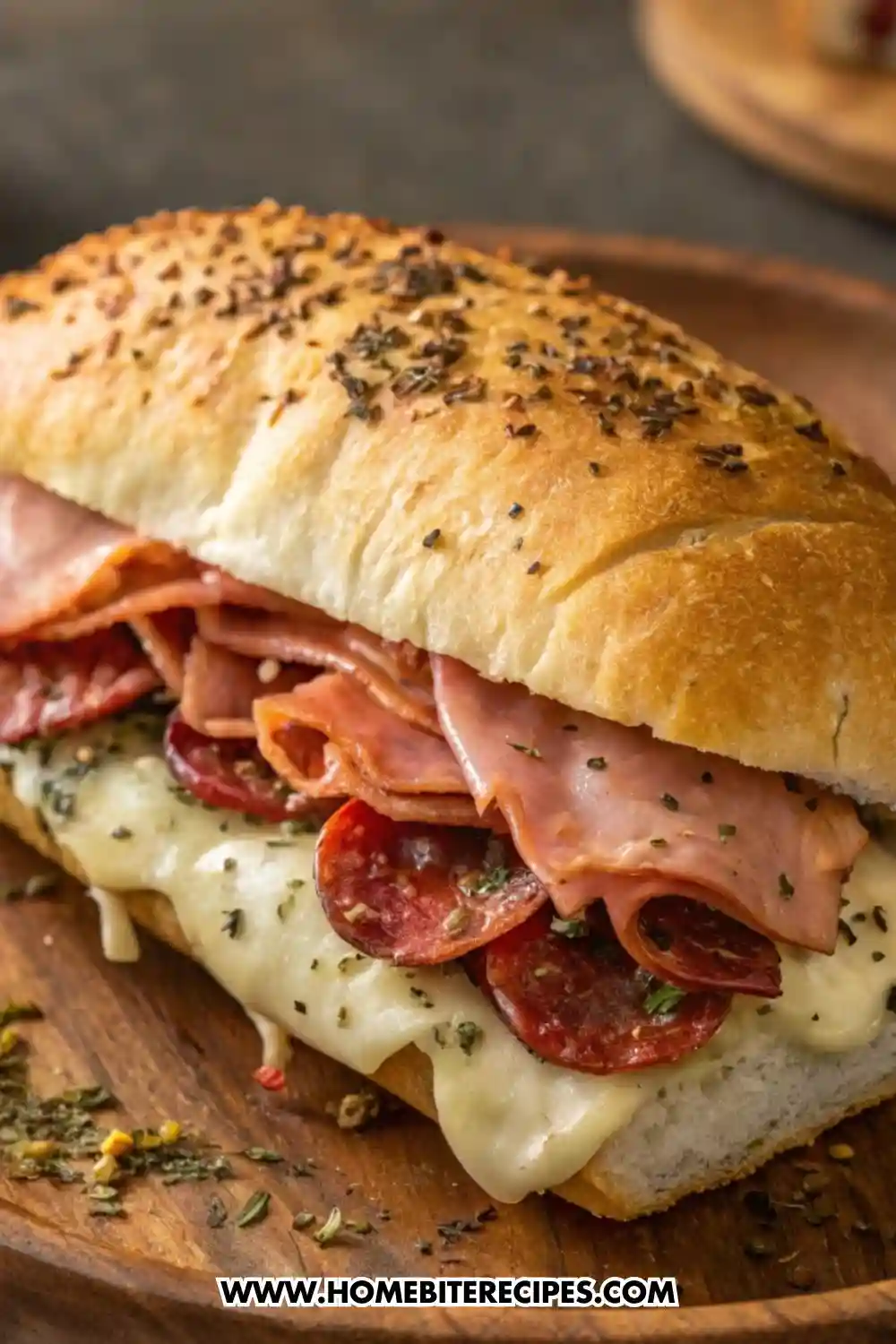 Baked Italian grinder sandwich filled with salami, ham, prosciutto, melted mozzarella cheese, and herbs on toasted bread