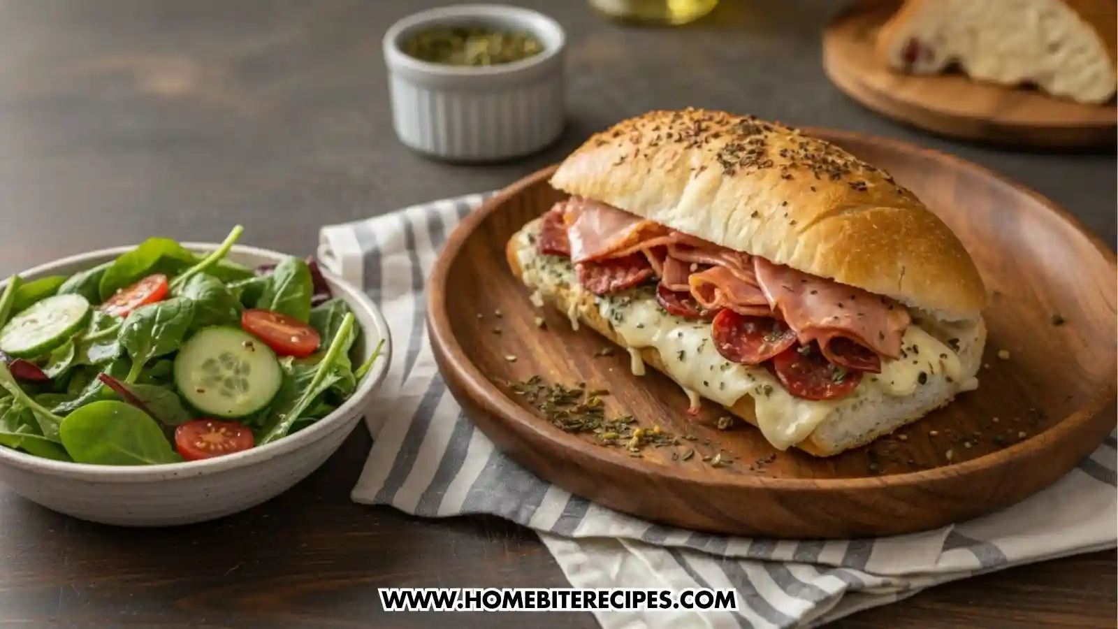 Baked Italian grinder sandwich filled with salami, ham, prosciutto, melted mozzarella cheese, and herbs on toasted bread served with simple green salad with a light vinaigrette