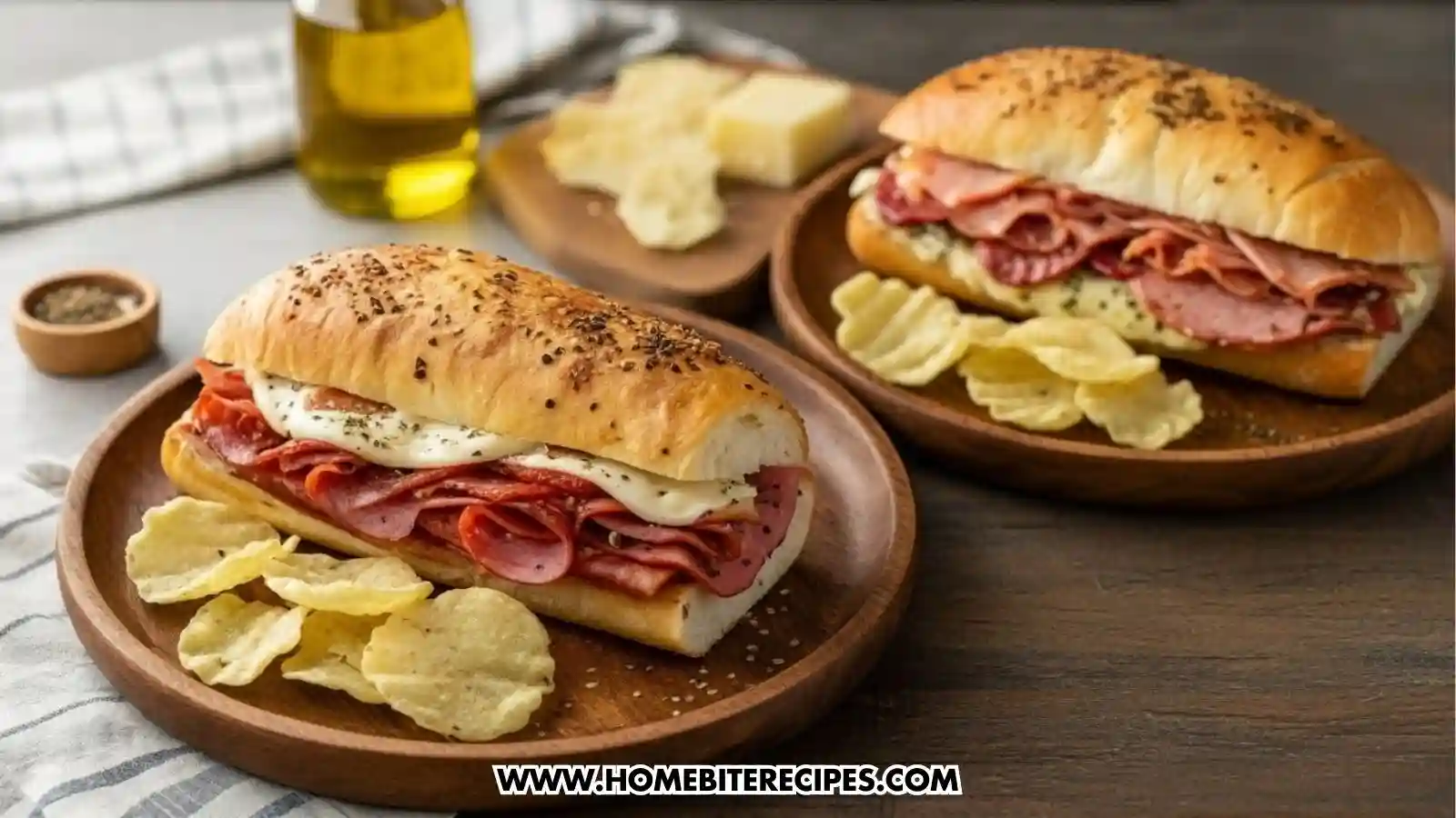 Two Baked Italian grinder sandwich filled with salami, ham, prosciutto, melted mozzarella cheese, and herbs on toasted bread served for lunch with kettle-style potato chips