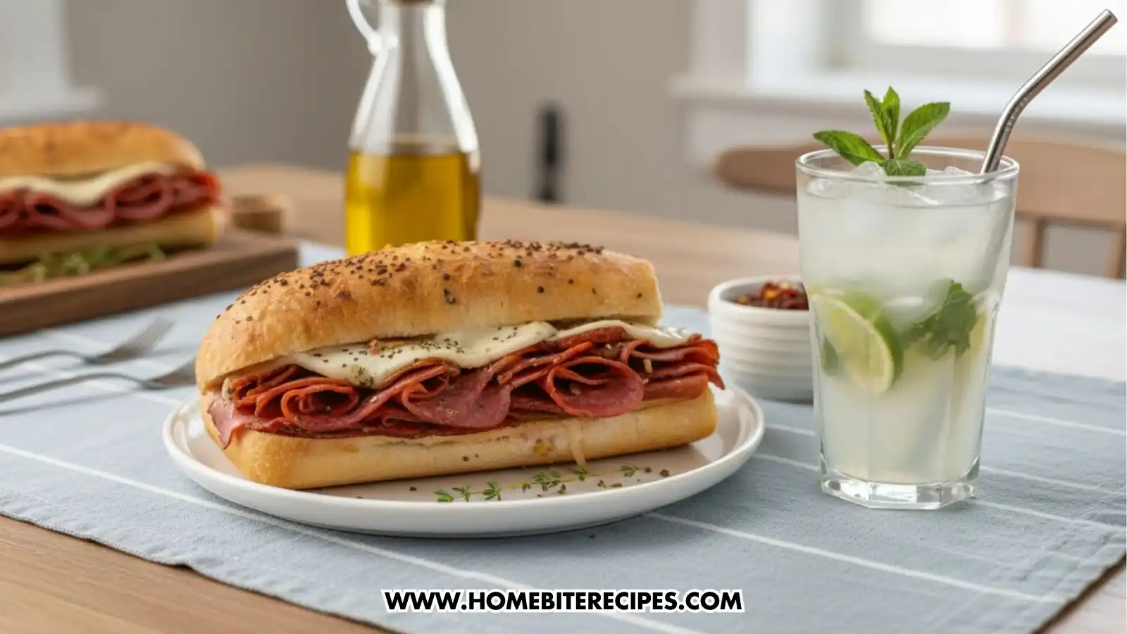 Baked Italian grinder sandwich filled with salami, ham, prosciutto, melted mozzarella cheese, and herbs on toasted bread served with iced virgin mojito