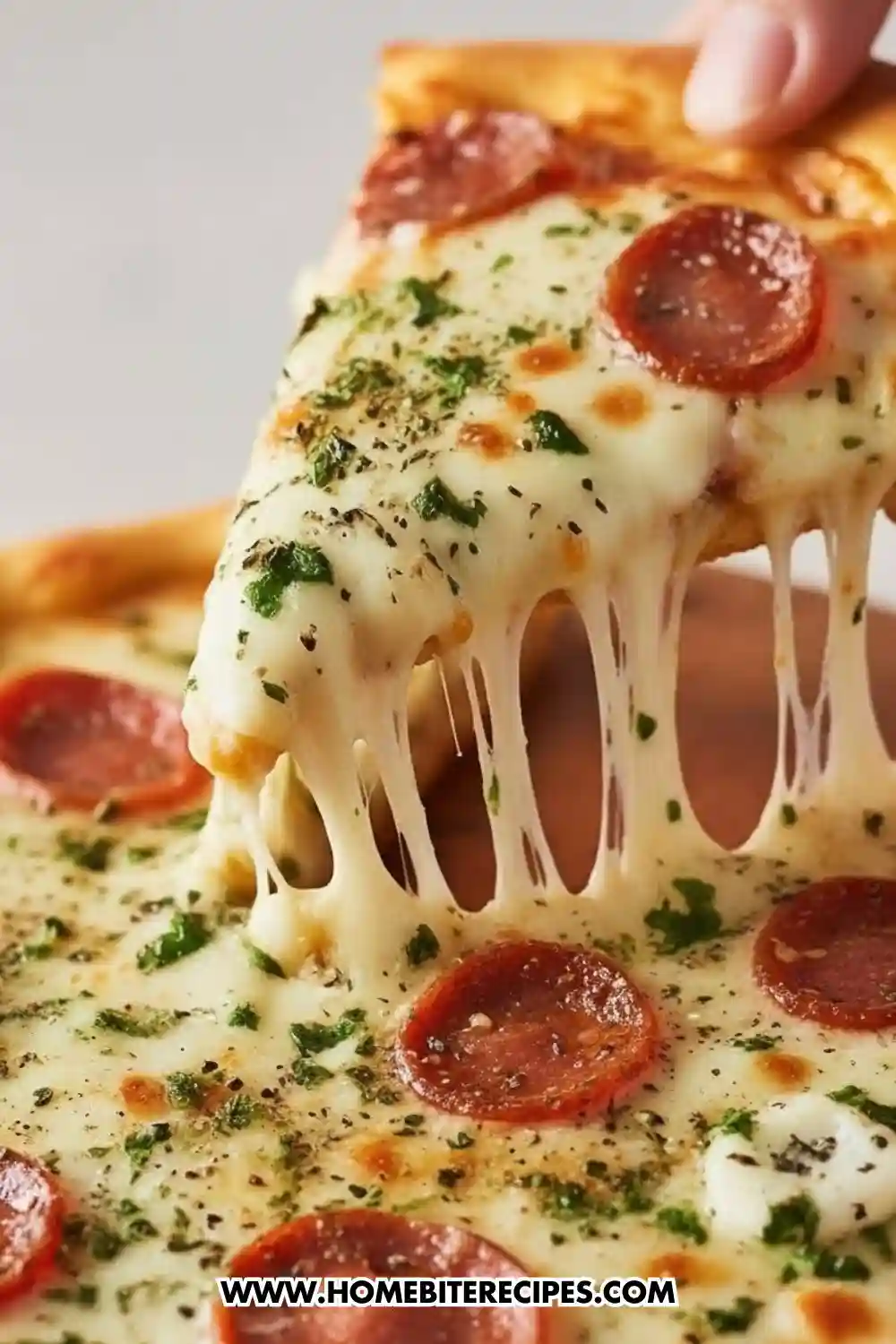 Slice of homemade pepperoni pizza with melted mozzarella cheese stretch and Italian herbs on a golden crust.