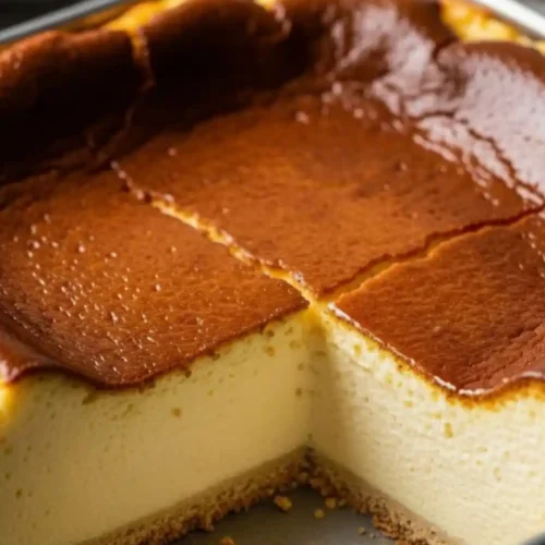Ultra fluffy Japanese cotton cheesecake with a golden top and soft airy interior baked in a square pan, sliced to show its light sponge texture