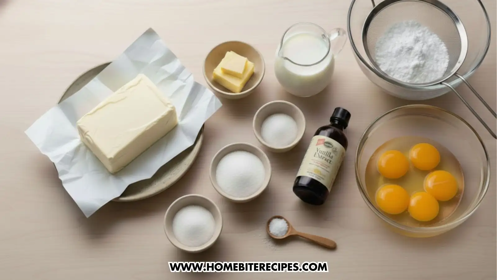 Overhead view of baking ingredients arranged on a light surface, including butter on parchment paper, sugar in small bowls, eggs in a glass bowl, milk in a pitcher, vanilla extract, salt, and sifted flour in a metal sieve