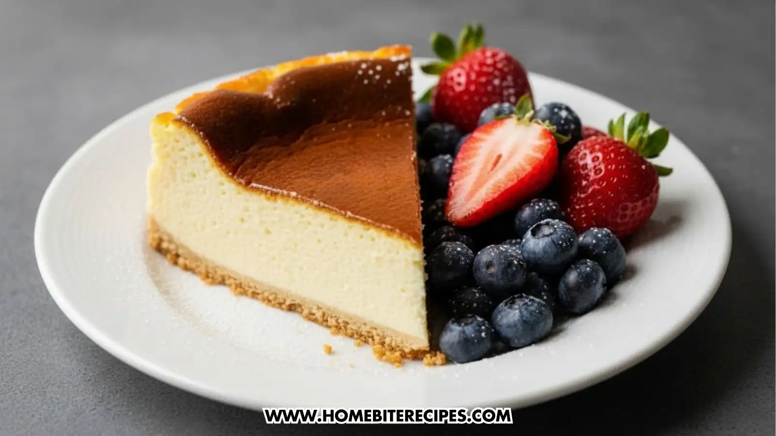 A silce of Ultra fluffy Japanese Cotton Cheesecake with a golden top and soft airy interior served with fresh blueberries and strawberries