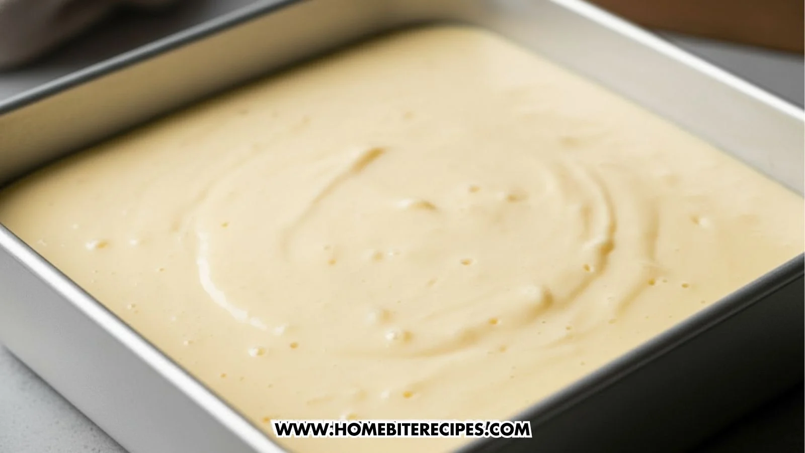 Smooth Japanese cotton cheesecake batter evenly spread in a rectangular baking pan, ready for baking, showing a creamy pale-yellow texture for an ultra-fluffy cheesecake.