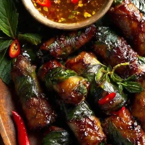 Close-up of Vietnamese basil beef rolls filled with crisp cabbage and beef, with a bowl of spicy chili dipping sauce on a wooden platter.