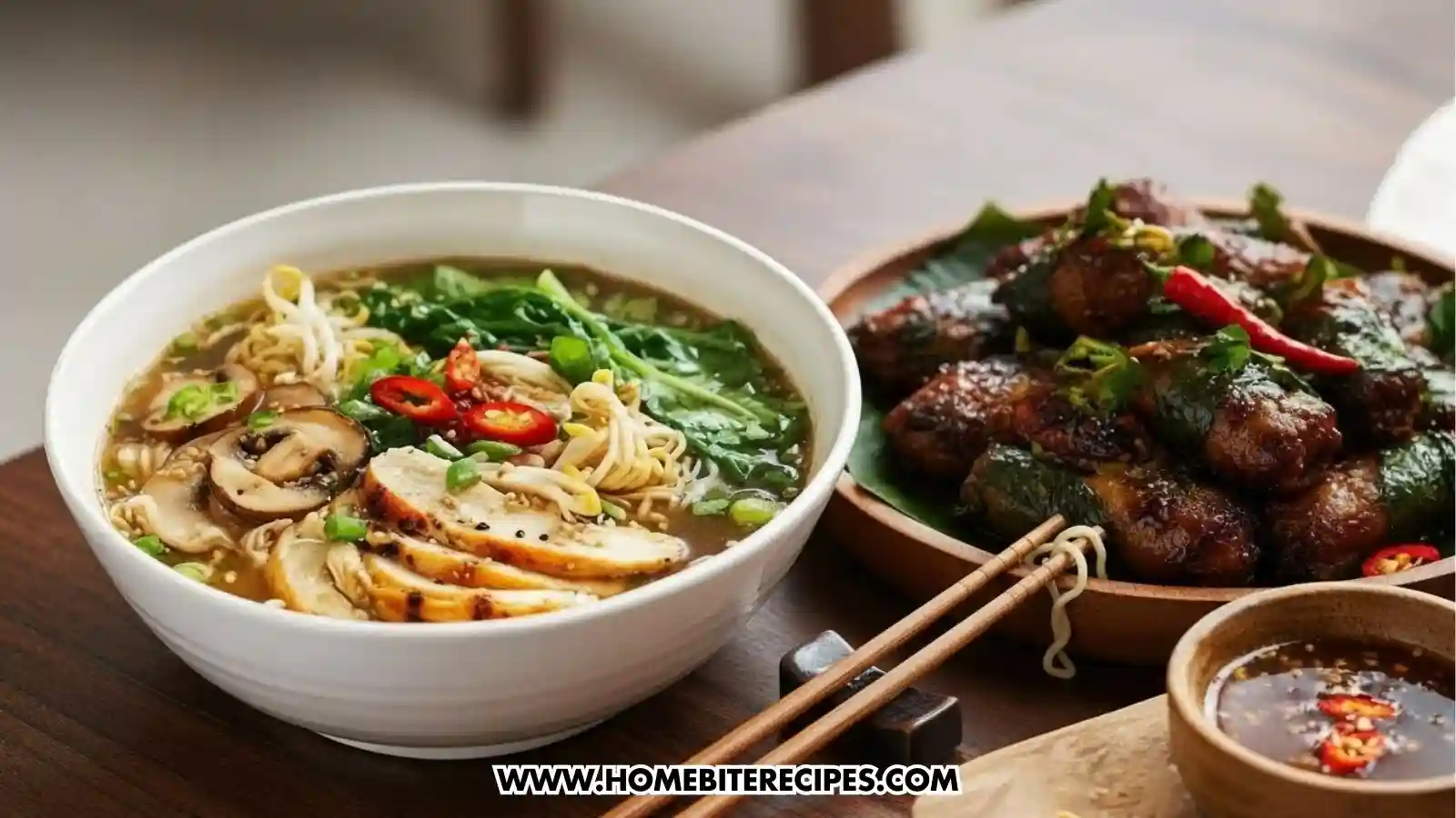 Vietnamese Basil Beef Rolls served with Healthy Chicken Ramen Noodle Soup
