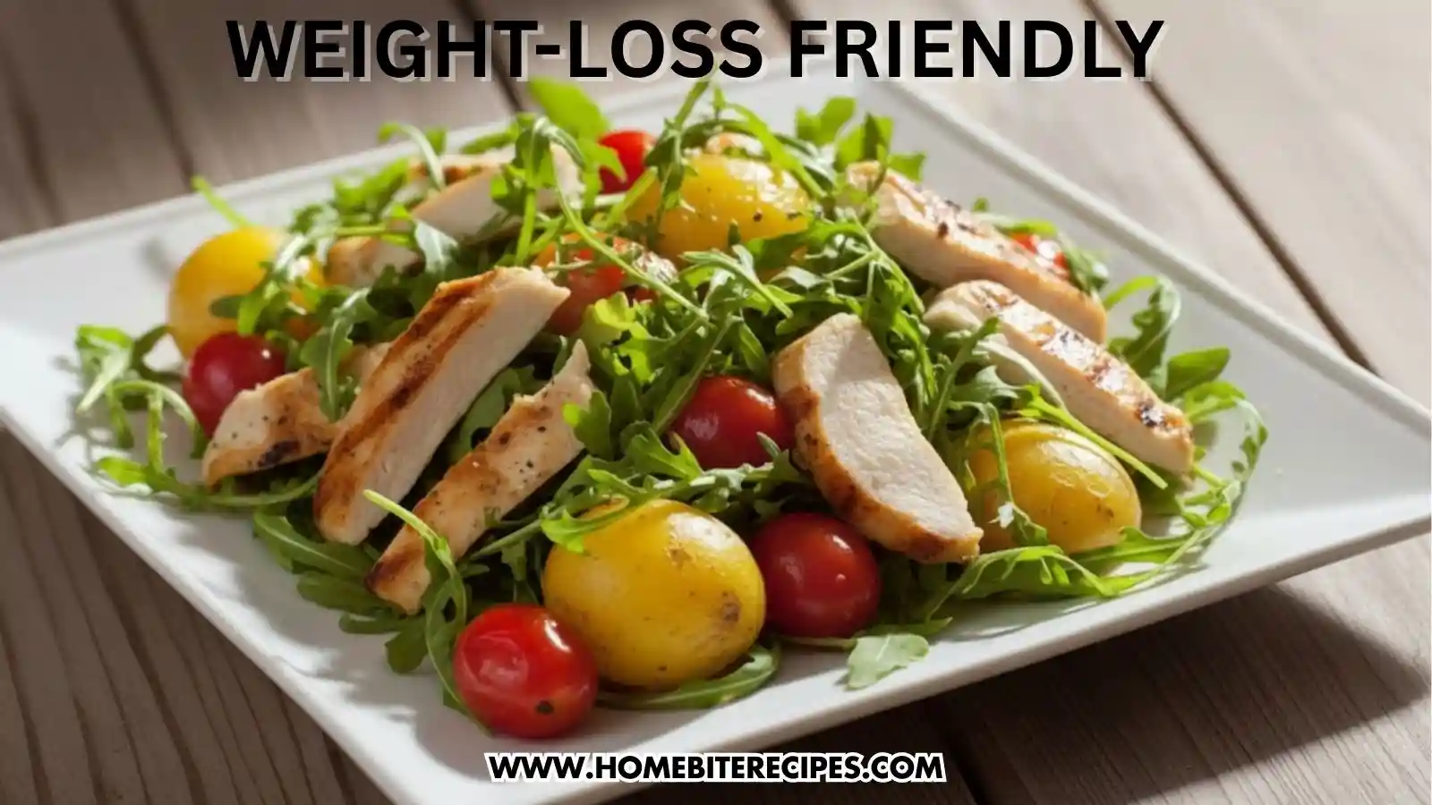A vibrant, weight-loss-friendly salad served on a white square plate. The dish features slices of grilled chicken breast arranged over a bed of fresh green arugula. It is mixed with whole yellow baby potatoes and bright red cherry tomatoes.