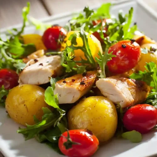 Warm chicken and baby potato salad with cherry tomatoes, mixed greens, and light vinaigrette served on a white plate.