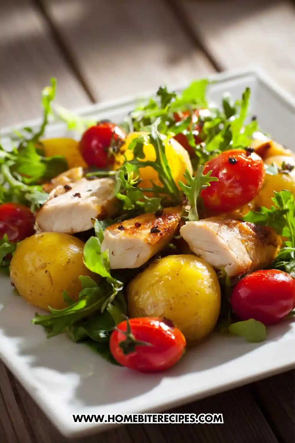 Warm chicken and baby potato salad with cherry tomatoes, mixed greens, and light vinaigrette served on a white plate.