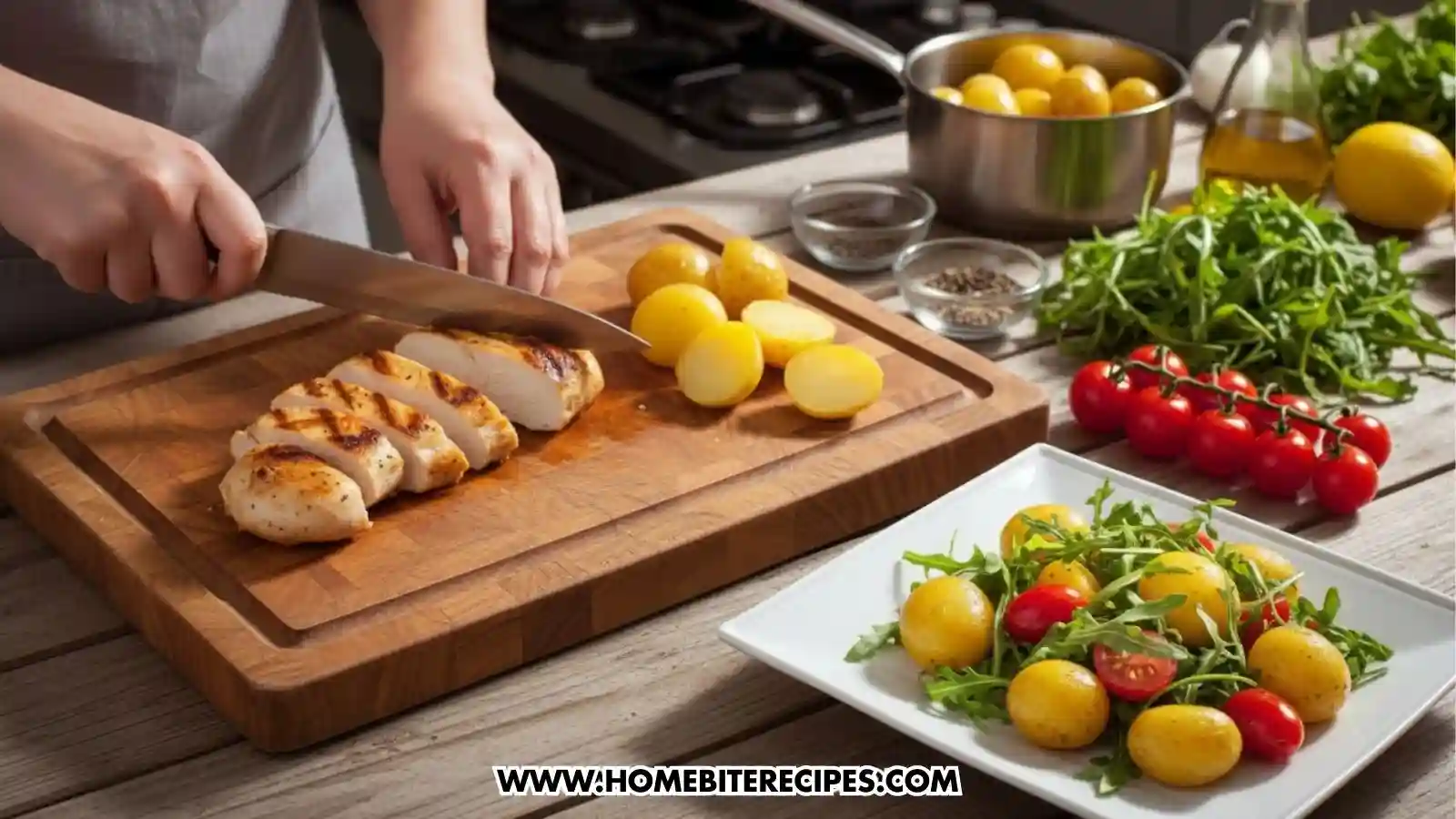 A close-up shot of a person using a chef's knife to slice grilled chicken breast on a wooden cutting board. Next to the chicken are boiled baby potatoes. The background features fresh salad ingredients including a bowl of potatoes, cherry tomatoes on the vine, a heap of arugula, olive oil, and a halved lemon.