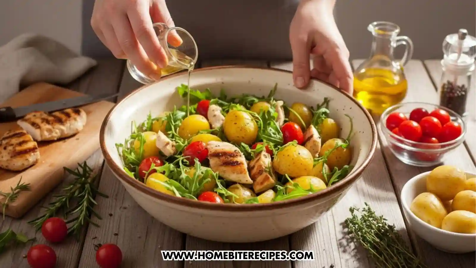 A person pouring a golden vinaigrette dressing from a small glass pitcher into a large ceramic bowl filled with a fresh salad. The salad consists of grilled chicken pieces, whole yellow baby potatoes, cherry tomatoes, and arugula. Fresh herbs like rosemary and thyme are scattered on the wooden table alongside the bowl.