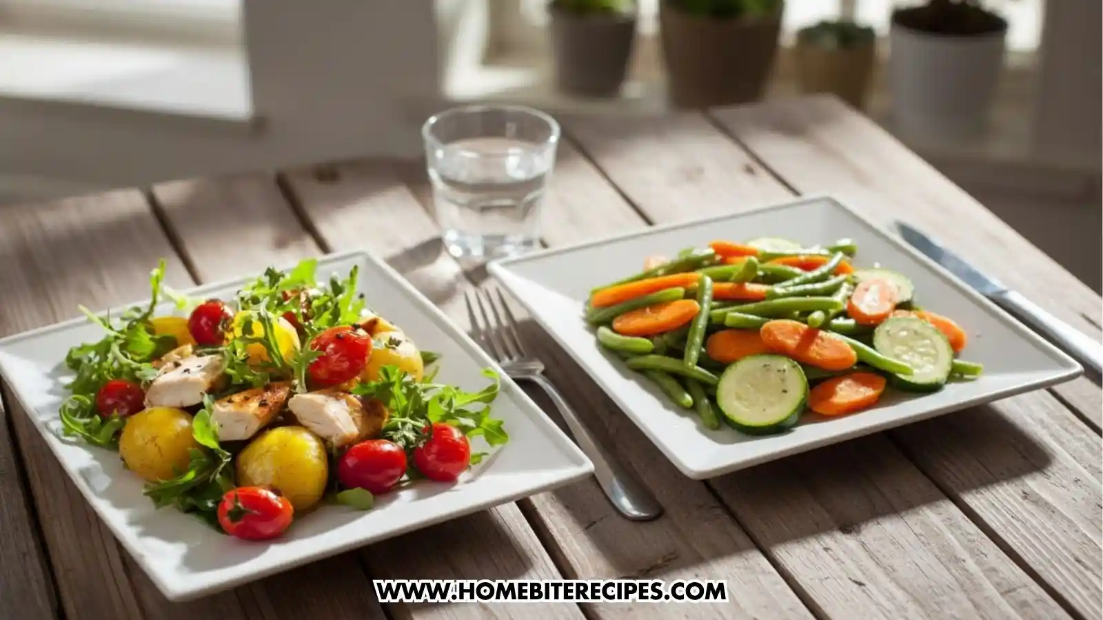 Two square white plates served on a rustic wooden table. The left plate contains a warm chicken and baby potato salad with cherry tomatoes and arugula. The right plate features a side of steamed green beans, sliced carrots, and zucchini. A glass of water and a fork are placed between the plates in a bright, sunlit room.