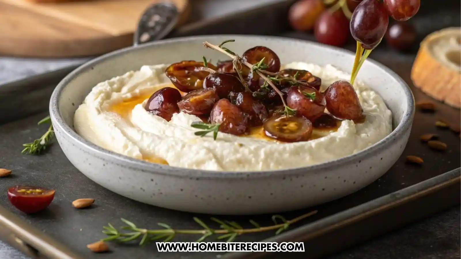 Creamy whipped brie dip in a ceramic bowl topped with glossy roasted balsamic grapes, drizzled with balsamic reduction and fresh thyme, surrounded by toasted baguette slices and rustic crackers