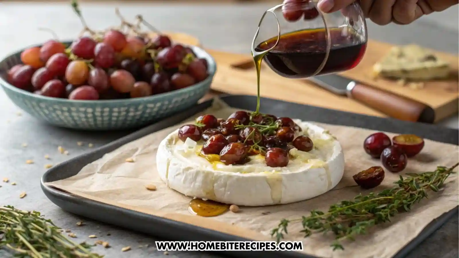 Unbaked whipped brie dip in a ceramic bowl topped with balsamic grapes, drizzled with balsamic reduction and fresh thyme