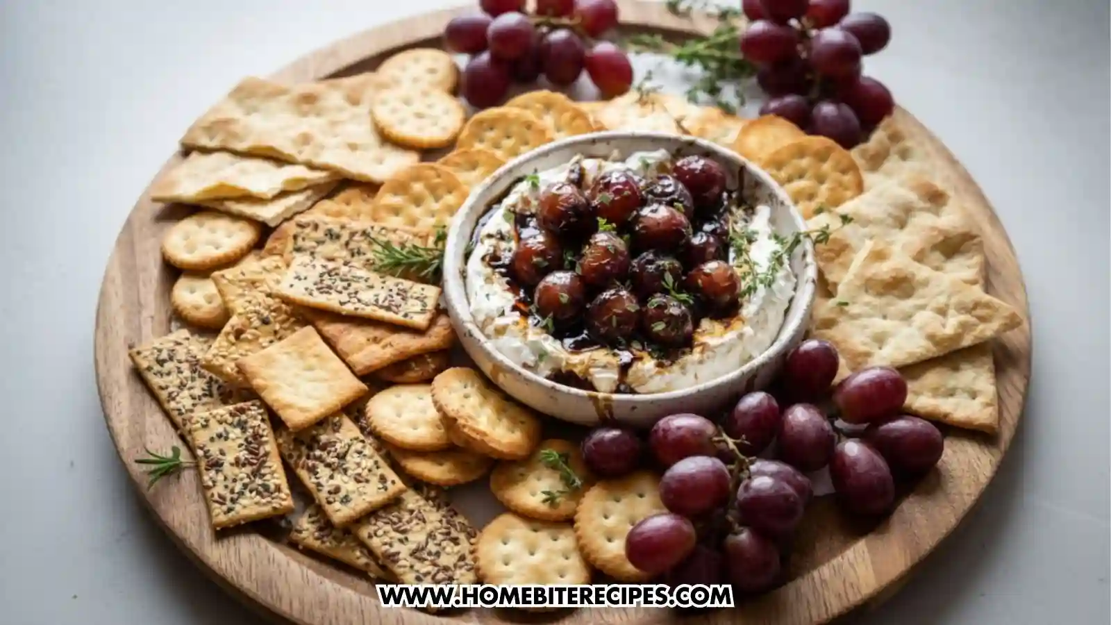 Whipped Brie Dip with Roasted Balsamic Grapes in a ceramic bowl topped with mix of seeded crackers, rosemary crackers, pita crisps.