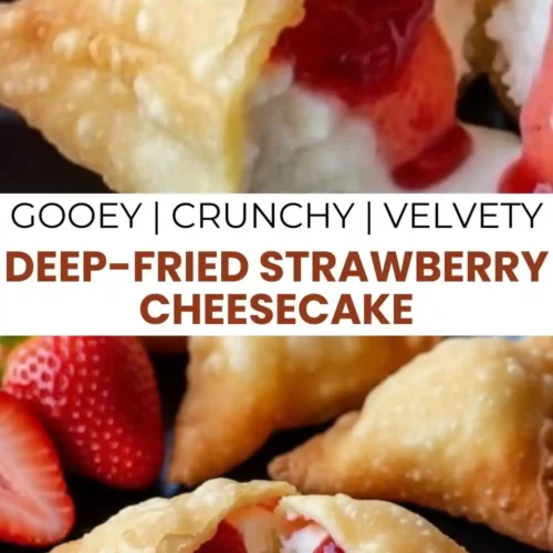 Golden-brown deep fried strawberry cheesecake stuffed wonton bites on a black plate, with one sliced open to show the creamy cheesecake and strawberry filling.