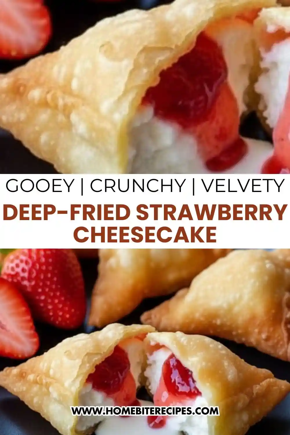 Golden-brown deep fried strawberry cheesecake stuffed wonton bites on a black plate, with one sliced open to show the creamy cheesecake and strawberry filling.
