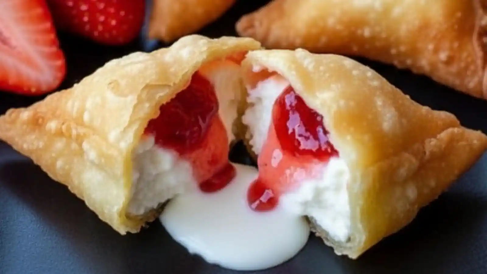 close-up of deep fried strawberry cheesecake stuffed wonton bites