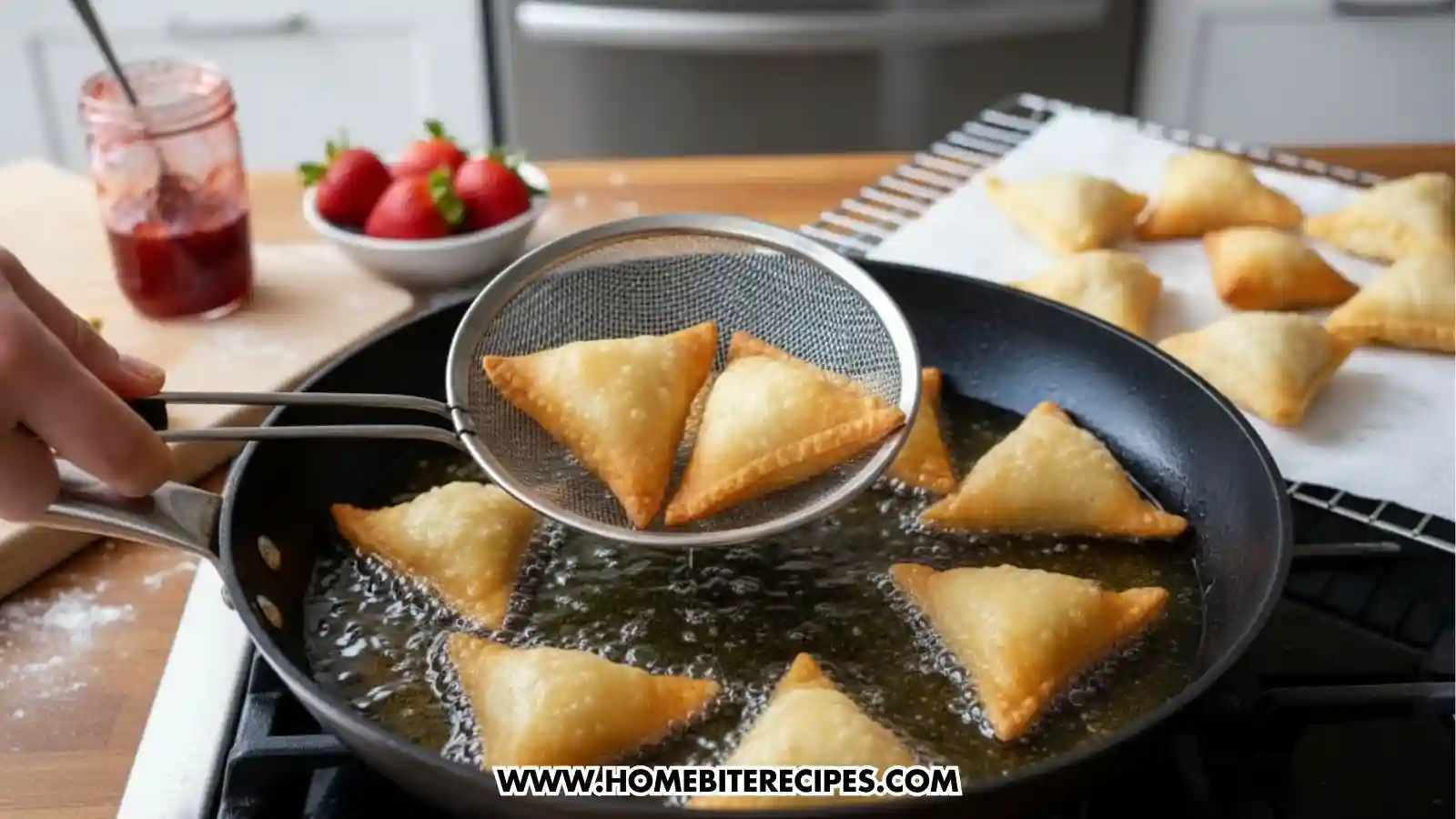 A person uses a metal spider strainer to lift golden-brown, triangular stuffed wontons out of a skillet filled with hot oil. In the background, a wire rack holds finished wontons, while a bowl of fresh strawberries and a jar of jam sit on a wooden countertop.