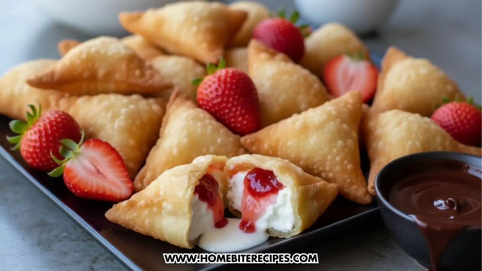 A platter of golden-brown, triangular deep-fried wontons, with one in the foreground sliced open to reveal a creamy white cheesecake filling and a bright red strawberry sauce. The dish is garnished with fresh strawberries and served with a side of chocolate dipping sauce.