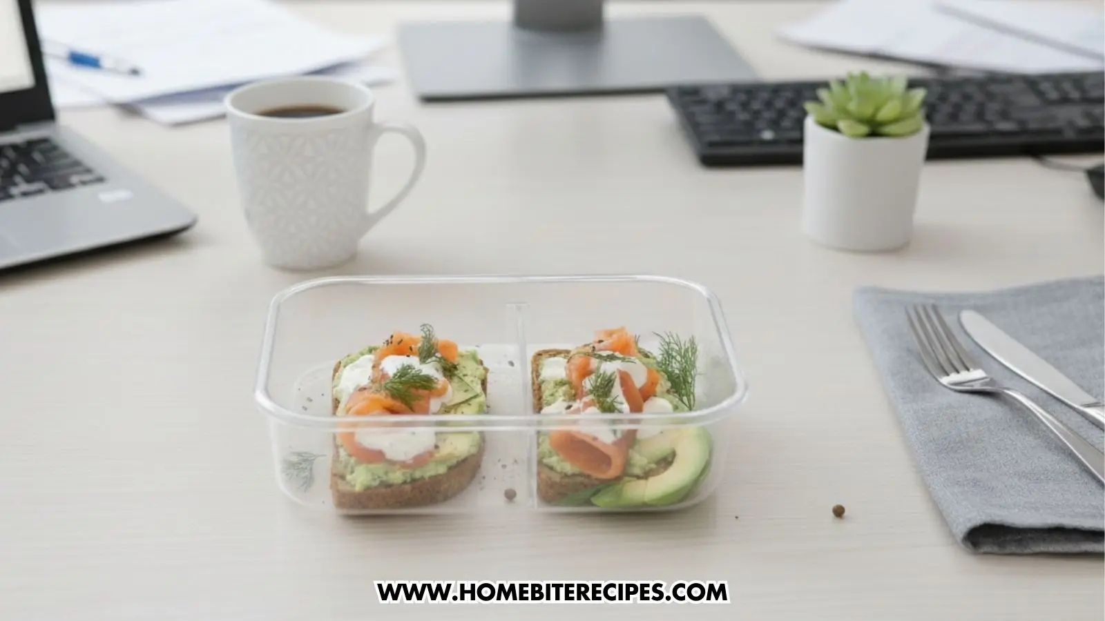 Two completed smoked salmon avocado toasts packed in a clear, two-compartment glass meal prep container. Each toast is layered with mashed avocado, smoked salmon, a drizzle of creamy dill sauce, and a garnish of fresh dill. The container is sitting on a white desk next to a laptop, a cup of coffee, and a keyboard, suggesting a healthy office lunch.