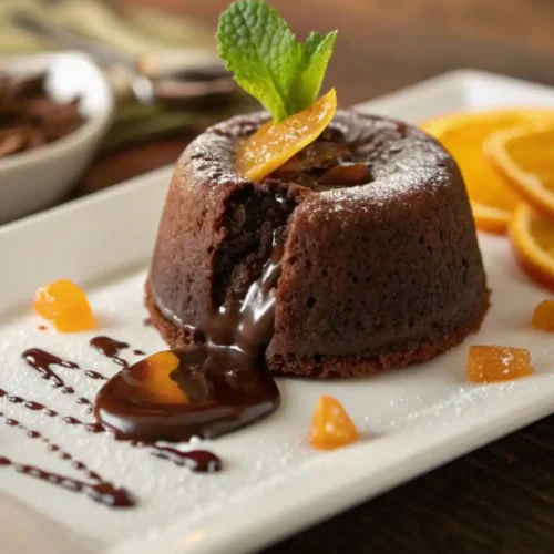 Molten chocolate lava cake on a white plate with warm chocolate sauce flowing from the center, garnished with mint and citrus peel, softly lit restaurant-style dessert.