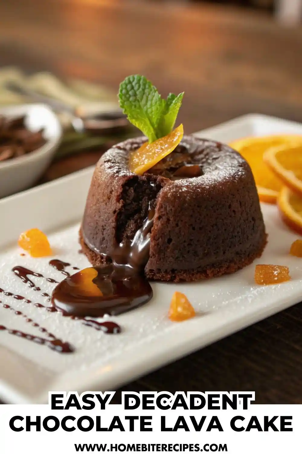 Molten chocolate lava cake on a white plate with warm chocolate sauce flowing from the center, garnished with mint and citrus peel, softly lit restaurant-style dessert.