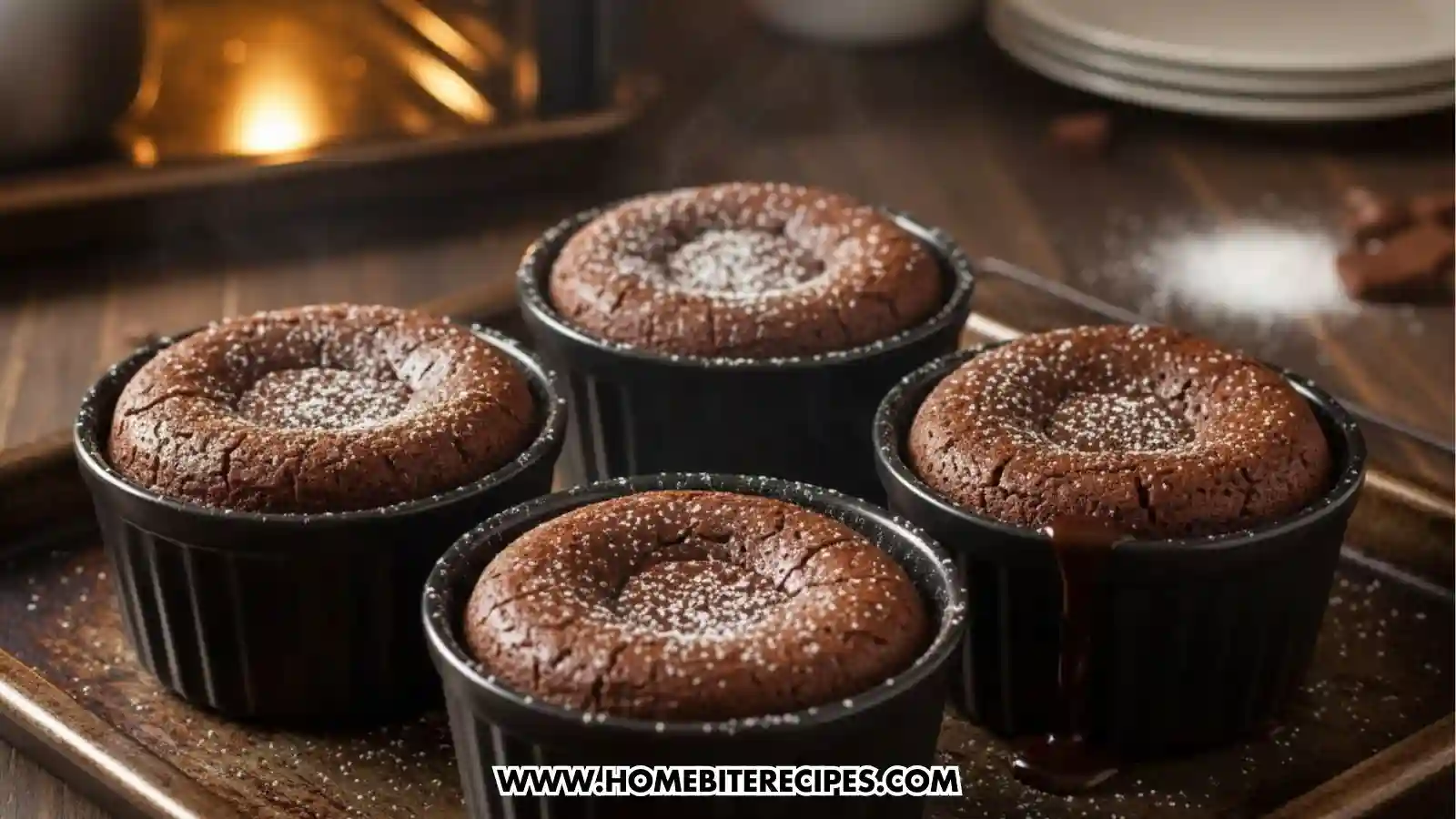 Four freshly baked chocolate lava cakes in black ceramic ramekins resting on a metal baking sheet. The cakes have cracked, risen tops dusted with powdered sugar, and one cake shows a small drip of molten chocolate on the side of the ramekin.