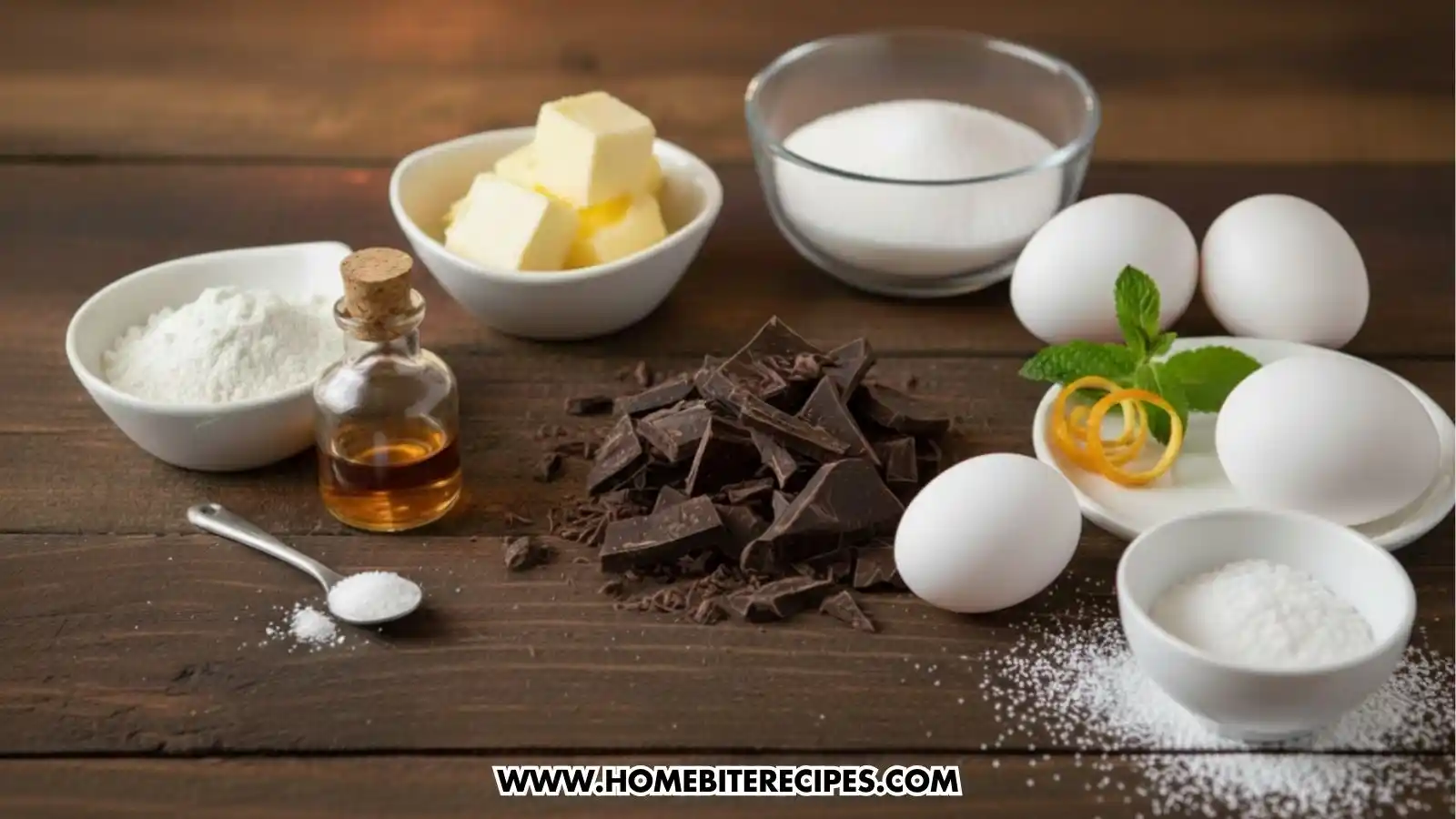 A top-down arrangement of chocolate lava cake ingredients on a dark wooden table, including a pile of chopped dark chocolate, cubes of butter, a bowl of white sugar, several whole white eggs, a small bottle of vanilla extract, a bowl of flour, and garnishes of fresh mint and orange zest.