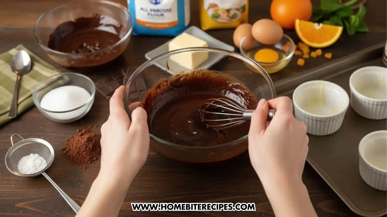 A first-person view of a person whisking a thick, glossy chocolate batter in a glass mixing bowl. Around the bowl are various preparation items: a tray of greased white ramekins, a bowl of cracked eggs, a stick of butter, orange slices, and a sifter with powdered sugar.