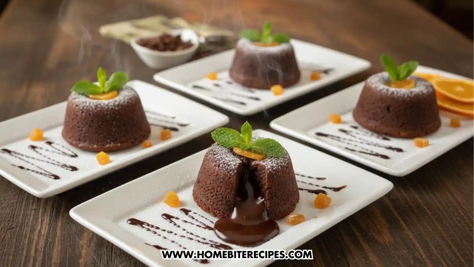 Four individual chocolate lava cakes plated on rectangular white dishes. The cake in the foreground is sliced open to reveal a thick, molten chocolate center flowing out. Each cake is dusted with powdered sugar and topped with a sprig of mint and a piece of candied orange peel.