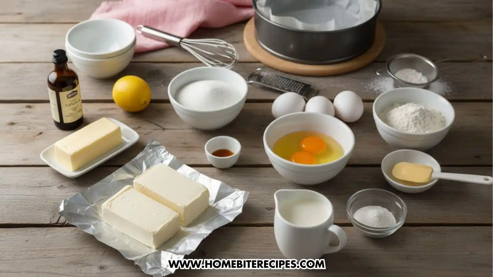 An overhead view of baking ingredients on a wooden surface, including blocks of cream cheese, butter, eggs, sugar, flour, milk, vanilla extract, a lemon, and a springform cake pan.