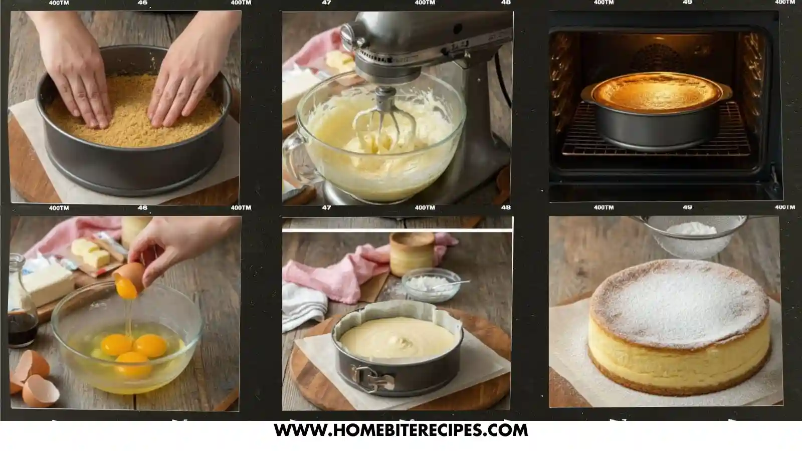 A six-panel grid showing the steps for making Japanese cheesecake: pressing the crust, whisking the batter with a stand mixer, baking in a water bath, cracking eggs, pouring batter into a lined springform pan, and dusting the finished cake with sugar.