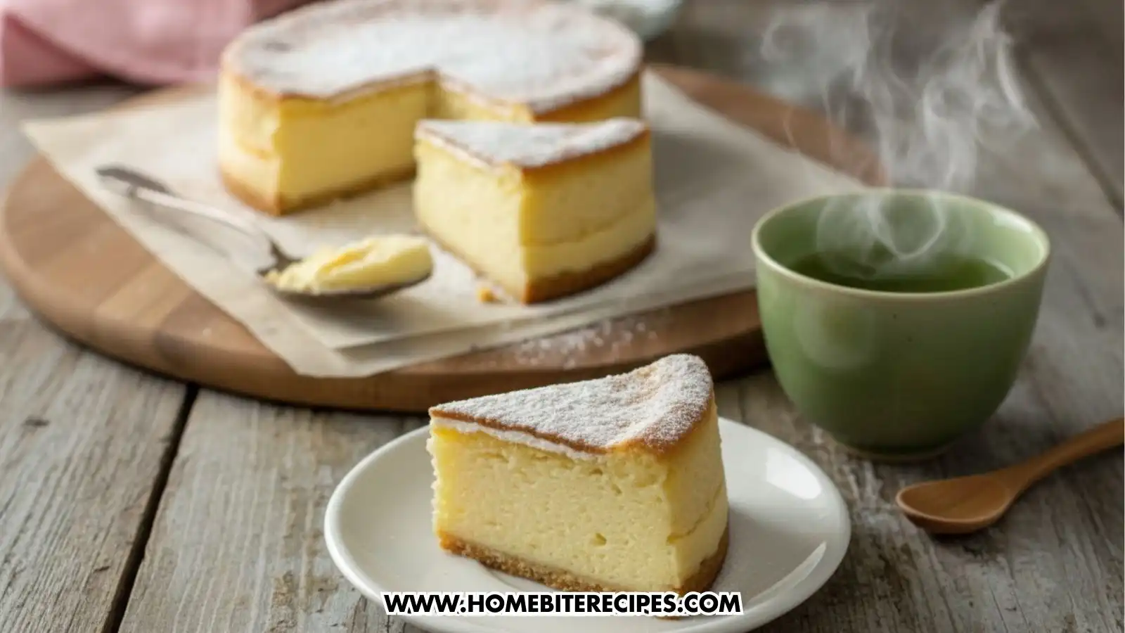 A sliced Japanese soufflé cheesecake dusted with powdered sugar, served on a white plate alongside a steaming cup of green tea on a wooden table.