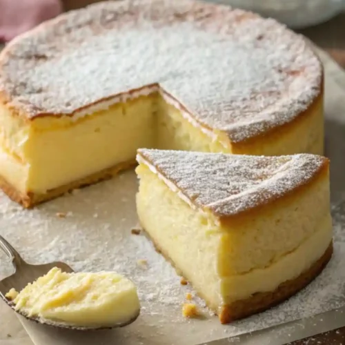 A fluffy Japanese cheesecake with a soft golden top, dusted with powdered sugar, with one slice removed and displayed on a spoon showing its light and airy interior.