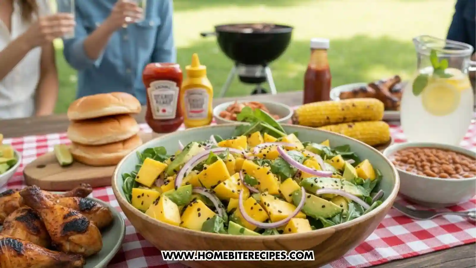 A close-up of a wooden bowl filled with mango avocado salad at an outdoor barbecue. The table is covered in a red and white checkered tablecloth and features classic cookout sides like grilled chicken drumsticks, corn on the cob, baked beans, and hamburger buns.