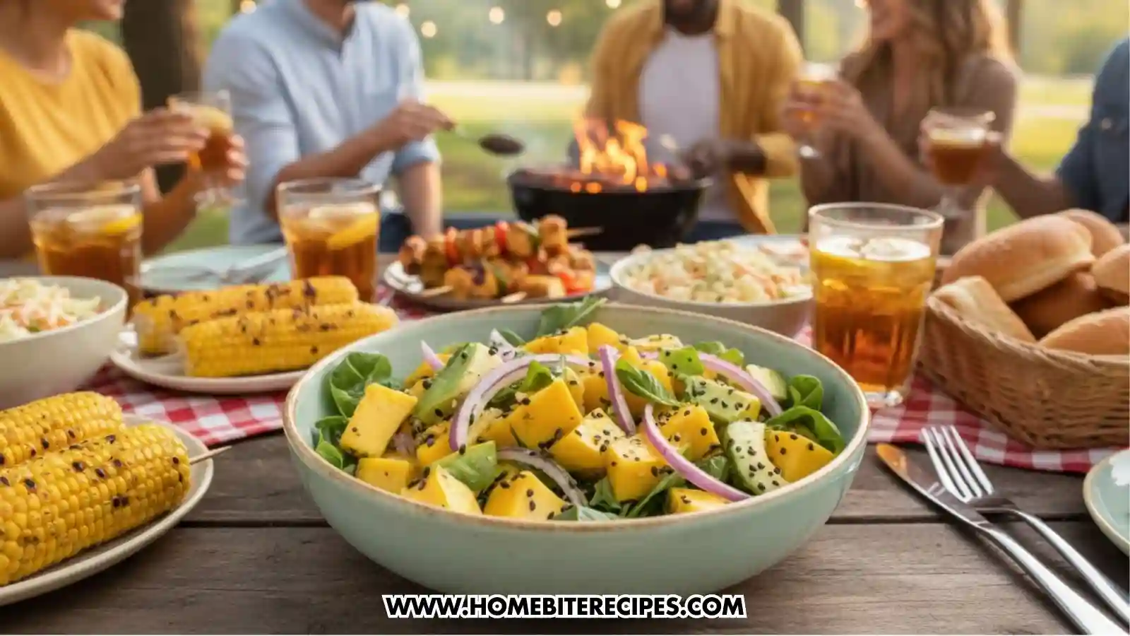 A large bowl of mango and avocado salad topped with black sesame seeds and red onions, centered on a rustic outdoor table. In the background, people are gathered around a barbecue grill with corn on the cob, burgers, and drinks visible on the table.