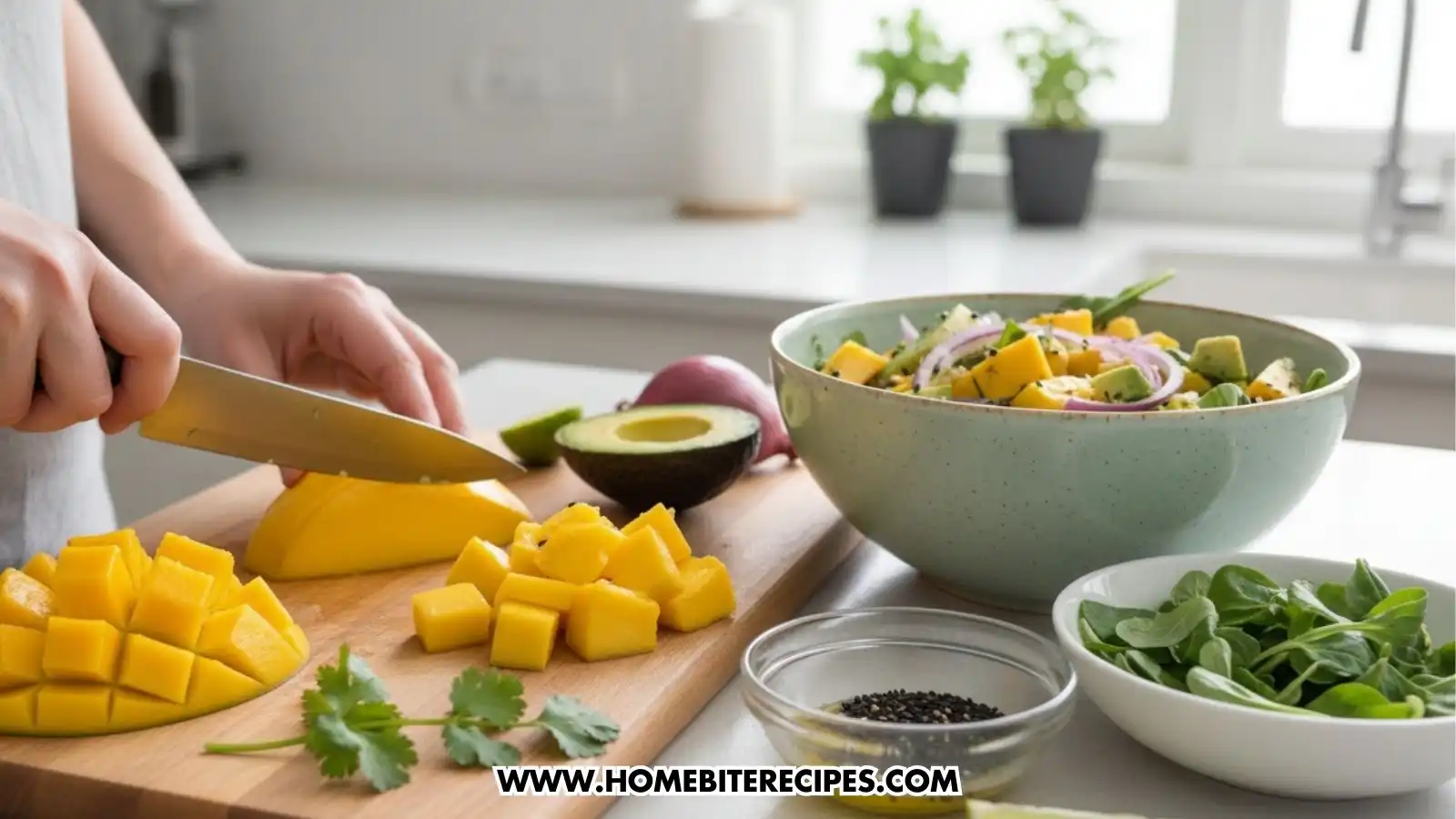 A person dicing a fresh mango on a wooden cutting board in a bright kitchen. Surrounding the board is an avocado half, fresh cilantro, a bowl of mixed greens, and a large bowl containing the partially prepared mango and avocado salad.