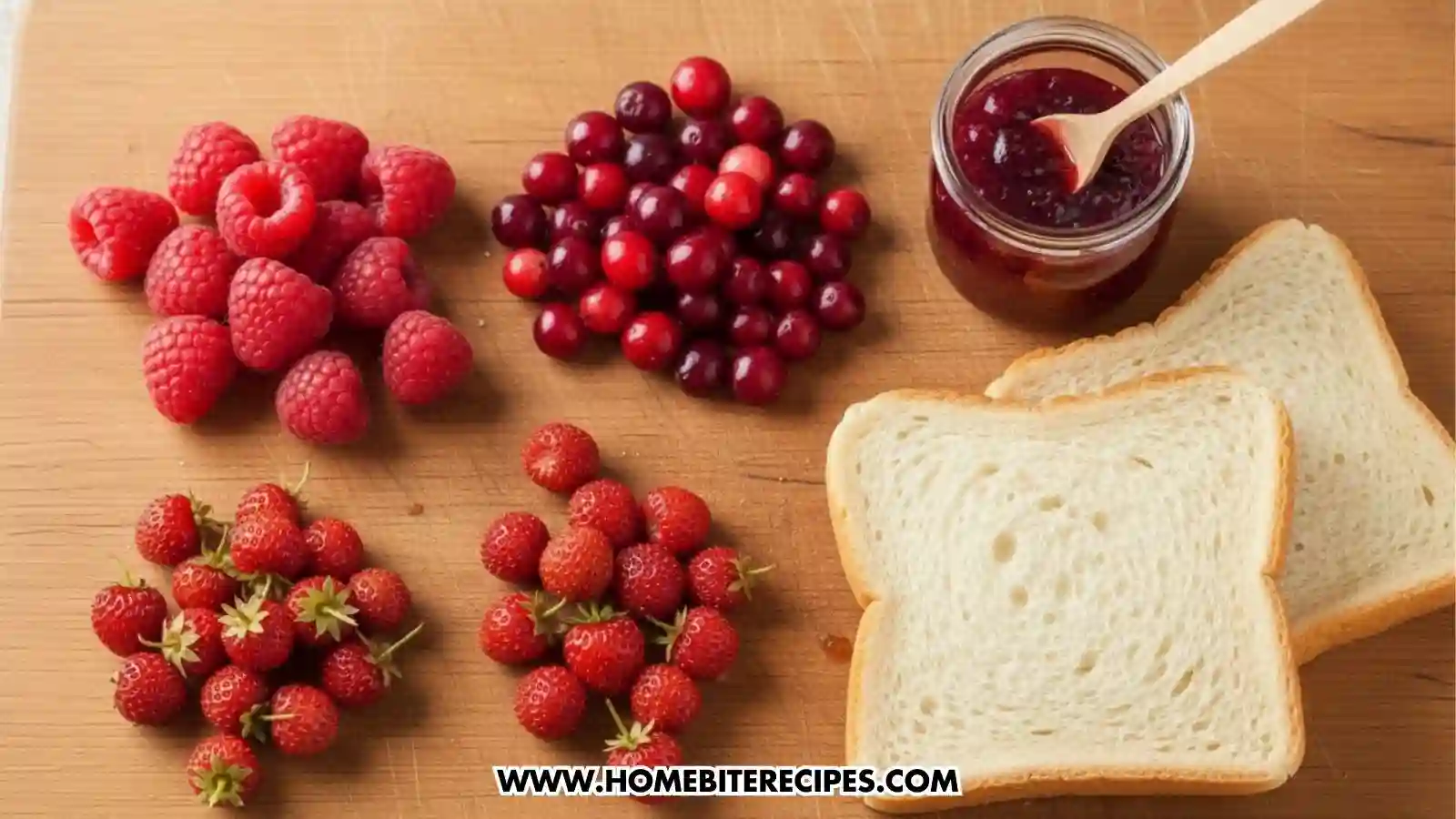 A wooden cutting board displaying the raw ingredients for the recipe: two slices of white bread, a small glass jar of berry jam with a wooden spoon, and separate piles of fresh raspberries, cranberries, and wild strawberries.