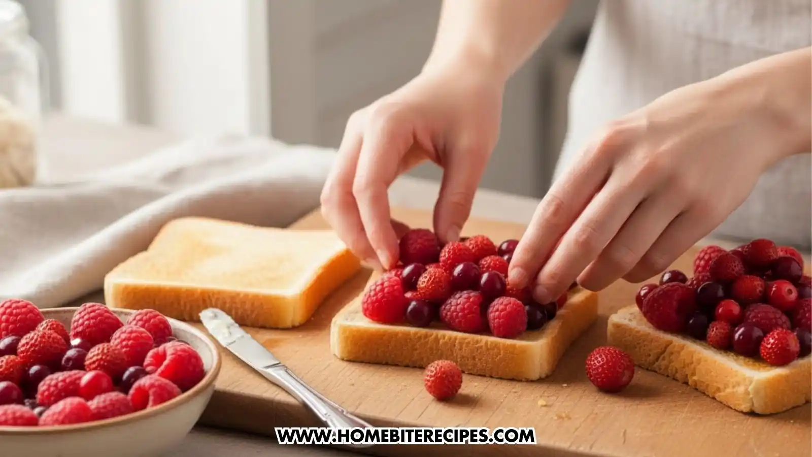 Close-up of hands carefully assembling the toast on a wooden board. One slice is already topped with berries, while the person adds fresh raspberries and cranberries to the second slice of bread, which has been spread with a base layer of jam.