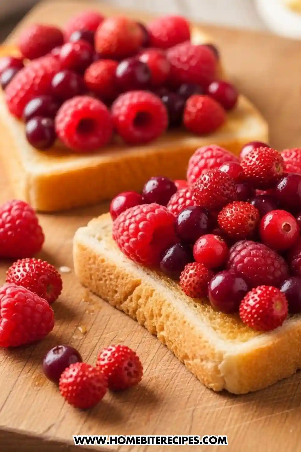 Close-up of two slices of toasted bread topped with fresh mixed berries including raspberries, strawberries, and cranberries on a wooden board.