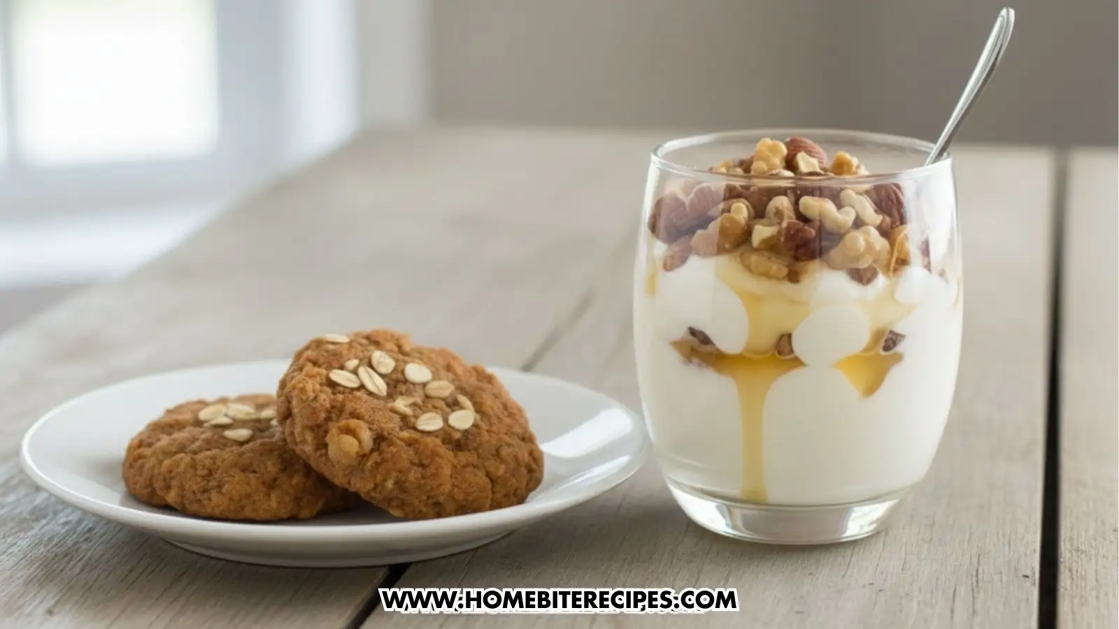 A breakfast setting featuring two carrot oatmeal cookies on a small white plate next to a glass of yogurt parfait topped with honey and walnuts. The scene is bright and airy on a light wooden table.