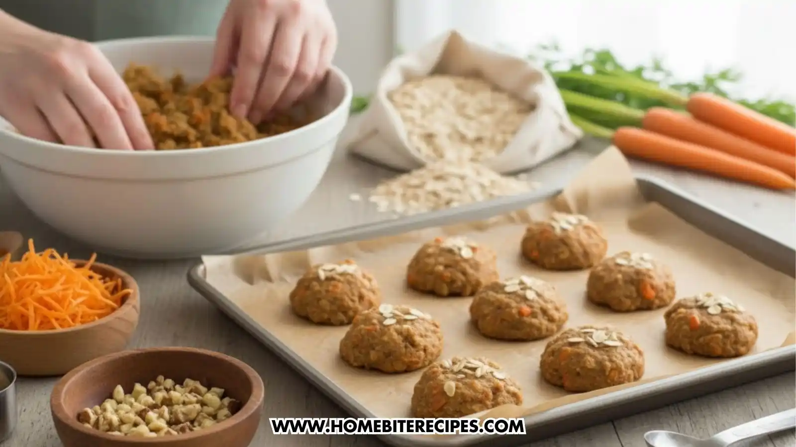 A person’s hands mixing a thick cookie dough in a white bowl. On the wooden table, there are bowls of shredded carrots and chopped walnuts, a bag of oats, and a baking sheet lined with parchment paper holding rounded scoops of dough topped with raw oats.