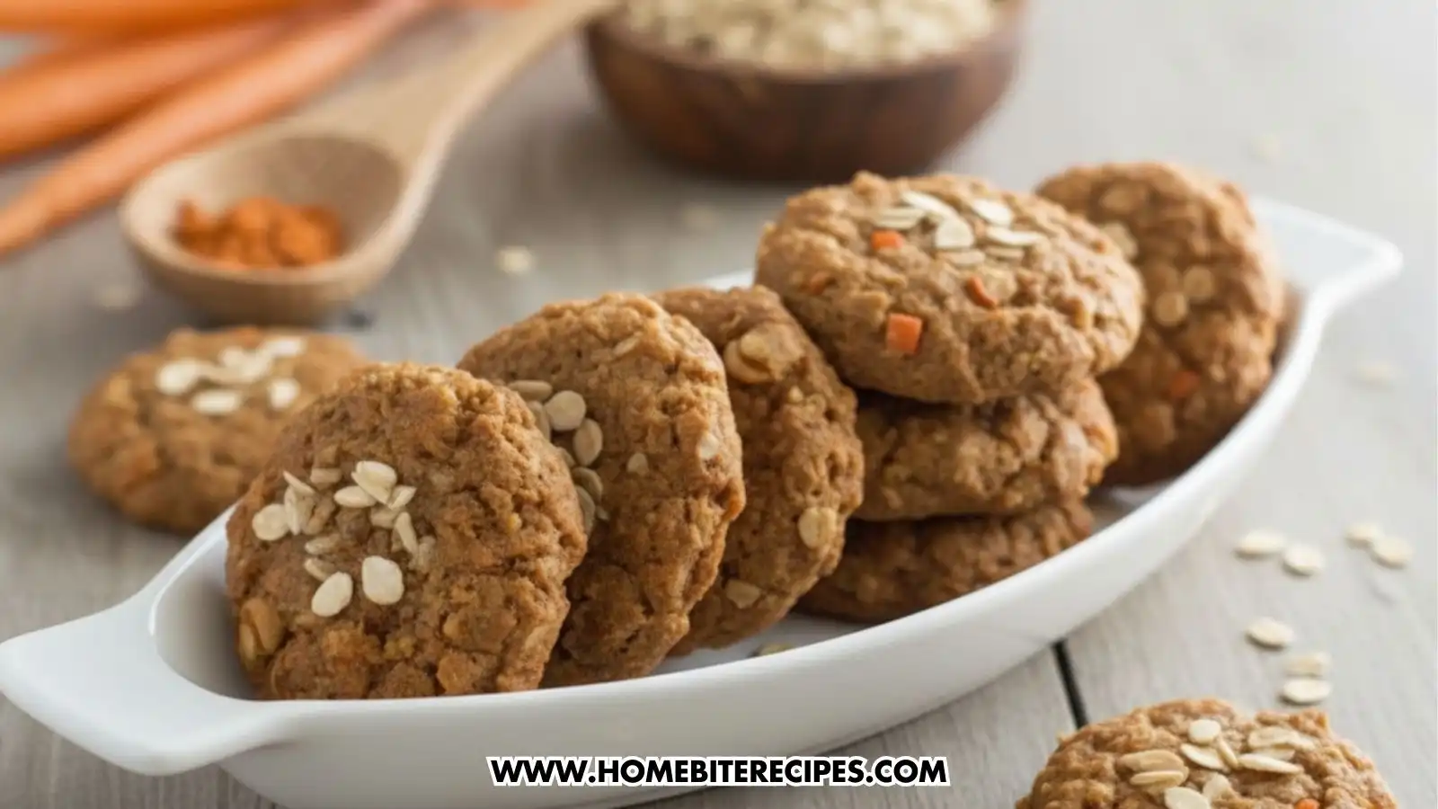 A close-up of several golden-brown, baked carrot oatmeal cookies stacked in a white oval serving dish. The cookies have a rustic texture with visible oats and carrot bits. The background is softly blurred, showing ingredients like whole carrots and oats.
