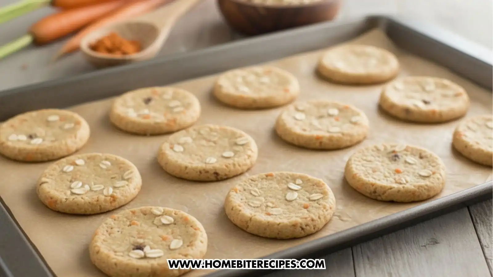 A baking sheet lined with parchment paper containing twelve flattened, unbaked carrot oatmeal cookies. The cookies show visible pieces of shredded carrots and are sprinkled with rolled oats on top. Fresh carrots and a wooden spoon with cinnamon are in the blurred background.