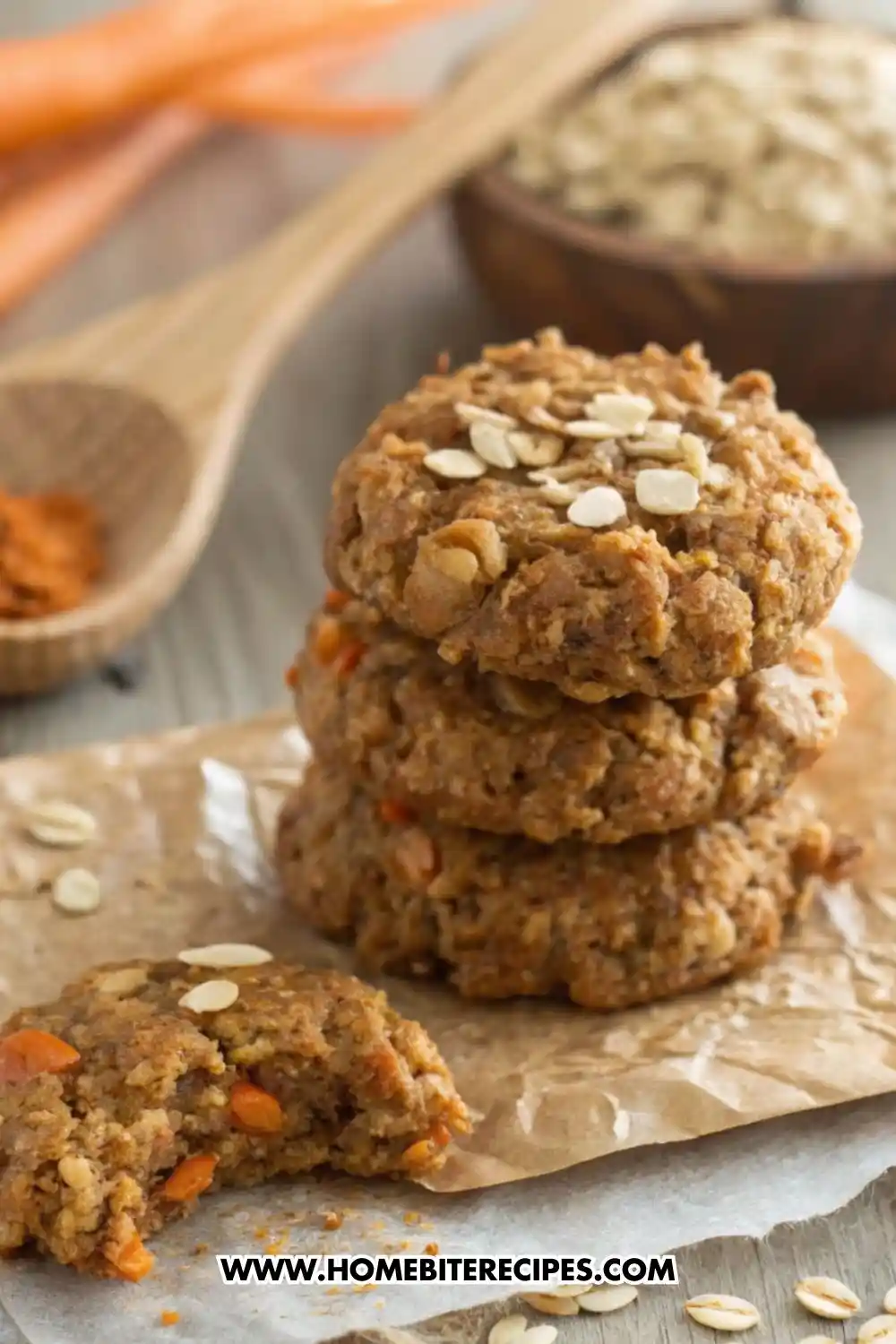 Stack of healthy carrot oatmeal cookies made with rolled oats and grated carrots on parchment paper