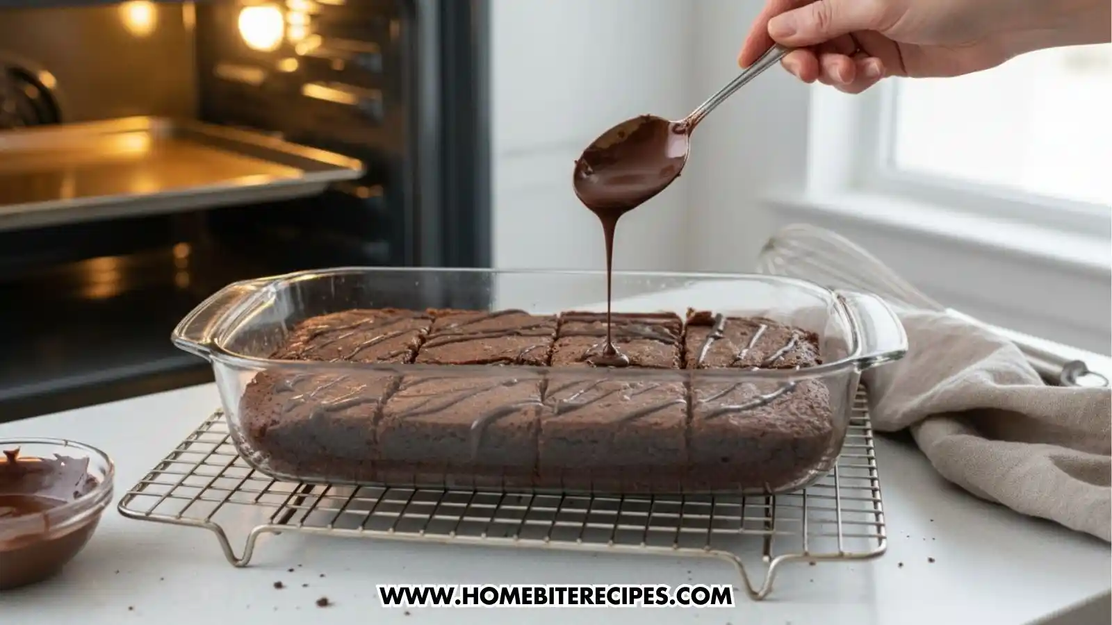 Freshly baked brownies in a glass dish resting on a wire cooling rack. A hand uses a spoon to drizzle melted dark chocolate in a diagonal pattern across the sliced brownie squares, with an open oven in the background.