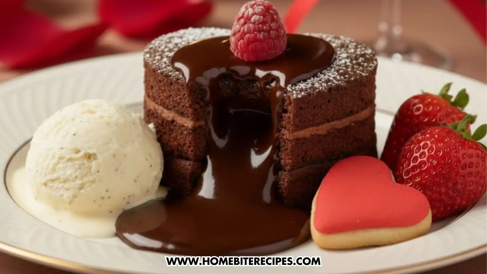 A close-up shot of a heart-shaped molten chocolate lava cake on a white plate. A bite has been taken out of the front, showing a rich, liquid chocolate center flowing onto the plate. The cake is topped with powdered sugar, chocolate ganache, and a single raspberry. It is served with a scoop of vanilla bean ice cream, fresh strawberries, and a red heart-shaped sugar cookie.